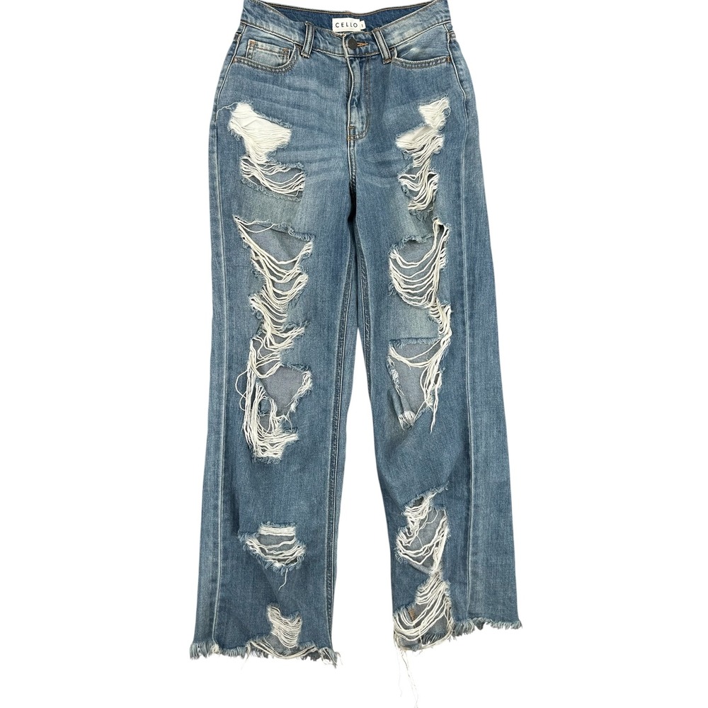 Cello Jeans Womens Size 1‎ Distressed High Rise Straight Leg Blue Denim Raw Hem